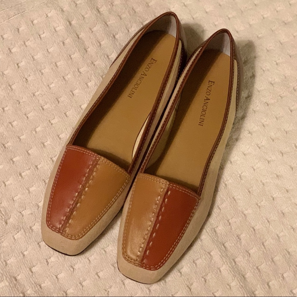 ENZO ANGIOLINI Tan-Cream-Brown Fabric and Leather Square Toe Slip-on Flats. NWOT